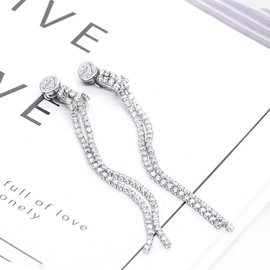 QUKE Woman Long Drop Dangle Tassel Clip On Earrings Cubic Zirconia Crystal Not Pierced Earrings For Women And Girls