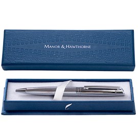 Manor & Hawthorne Elegant Ballpoint Pen - Premium Writing Instrument in Luxury Box - Smooth Ink Flow, Refillable Pen - Professionals, Business, Office Use, Special Occasions (Silver)