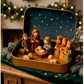 Handmade Mini Nativity Scene Set – Portable Pocket Size Christmas Figurines Decor with Mary & Shepherds