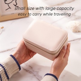 Small Travel Jewelry Box,2 Layers PU Leather Travel Jewelry Box with Double Zippers, Portable Travel Jewelry Organizer for Necklace/Bracelet/Ring/Brooch,small elegant jewelry box (Apricot color)