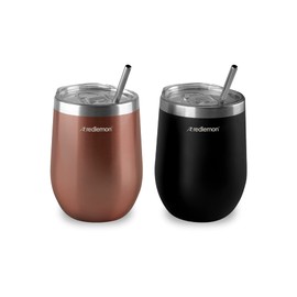 Redlemon Vaso Térmico y Termos para Café (2 piezas), Copas de Vino y Cerveza de Acero Inoxidable con Tapa Hermética, Vaso con Popote y Taza para Bebidas Calientes 3 Horas y Frías 4 Horas (350 ml)