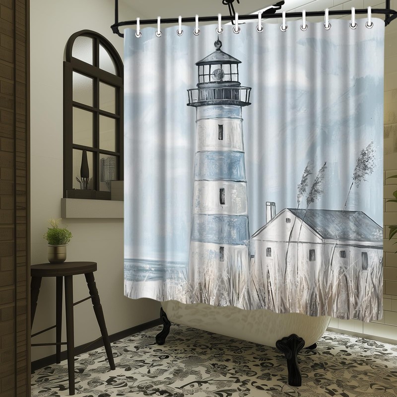 LeAquaNook Nautical Lighthouse Shower Curtain for Bathroom Blue Ocean Painting