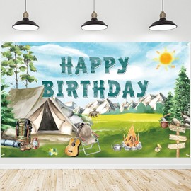 Camping Birthday Party Decorations Camping Themed Happy Birthday Banner for Boy Girl Kids Happy Camper Birthday Backdrop Outdoor Indoor Camp Birthday Decor Photo Background Men Women