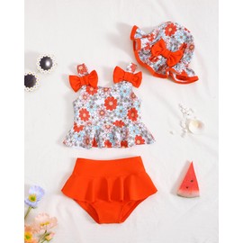 Infant Swimsuit Girl Baby Girl Bathing Suit 3-6 Months Orange Dasiy Swimwear Summer Beach Baby Bikini Tankini Hat Outfits Set