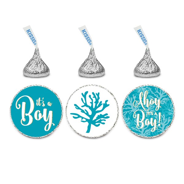 Andaz Press Chocolate Drop Labels Trio, Boy Baby Shower, Nautical Coral, Aqua with Printed Gold Glitter, 216-Pack