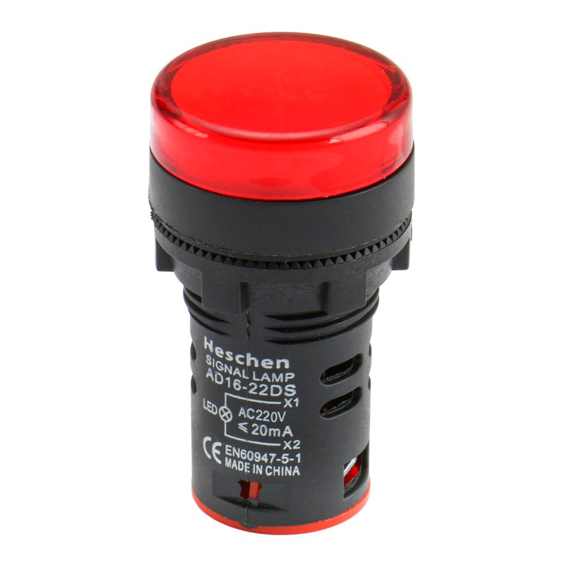 Heschen 22mm LED Indicator Pilot Light, AD16-22D/S, 220VAC 20mA, Red