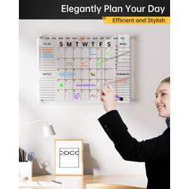 Acrylic Wall Calendar with Dry Erase Surface | 28x20" Clear Monthly Planning Board | includes 8 Color Markers, Eraser, Multi-Color Standoff Screws, and Installation Kit | Perfect for Home & Office