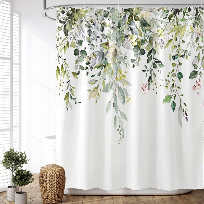 kampdream Green Eucalyptus Plant Shower Curtain, Watercolor Leaves On The