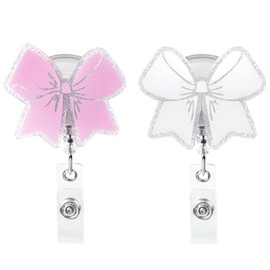 Maxqzin 2 Pcs Pink Bow Badge Reel, Nurse Badge Reel Retractable ID Badge Clip Sparkly Cute Badge Reels for Nurse Doctor Teacher Nursing Student (Pink +White)