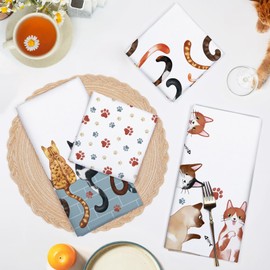 Arquiel Cats Tea Towels, 100% Cotton Kitchen Towel Set 50 x 70CM, Multi-Purpose Quick Dry Dish Towels Dishcloths Hand Towels Bar Towels(Set of 4),Gifts for Cat Lover