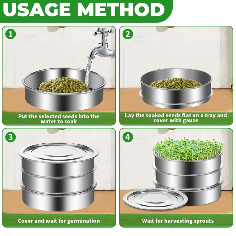 Abizarch 8.6" Sprouts Growing Kit, Stainless Steel Sprouting Kit, 3-Tier