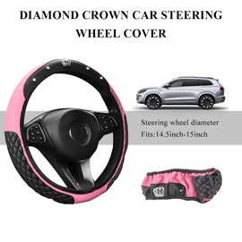 BWBWND Soft Leather Steering Wheel Cover, 15 Inch Elastic Non-Slip Car Wheel Protector with Crystal Diamond, Universal Sparkling Diamond Crown Accessories for Most Steering Wheels (Pink)