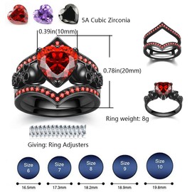 GTISKL Gothic Black Rose Flower Skull Engagement Ring Set Red Purple Heart-shaped Zircon Crystal Wedding Anniversary Mother's Day Holiday Gift Jewelry (Red, 8)