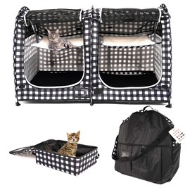 Mispace Portable Twin Compartment Show House Cat Cage/Condo - Easy to Fold & Carry Kennel - Comfy Puppy Home & Dog Travel Crate with Carry Bag/Two Hammocks/Mats and Collapsible Litter Box