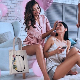 Bang Tidy Clothing Floral Canvas Bags Gifts for Bridesmaid - A/Z Monogram Initial Cotton Canvas Tote Bag for Wedding Bridal Shower Bridesmaids - Hen Do Party Gift Totes Bags for Women Letter-C