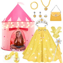 WTOR 15Pcs Princess Castle Play Tent Dress Up with LED Glow in The Dark Stars for Little Girls－Princess Dress Up Cape with Crown,Girl Play Tent/House Toy for Indoor & Outdoor Use (Yellow)