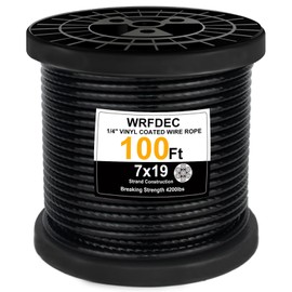 WRFDEC 100Ft 1/4" Black Vinyl Coated Wire Rope,7x19 Strand Aircraft Cable Wire for Cable Railing, Decking Stair Railing Balustrade DIY, Fencing,String Lignts Hanging,3/16" Thru 1/4"