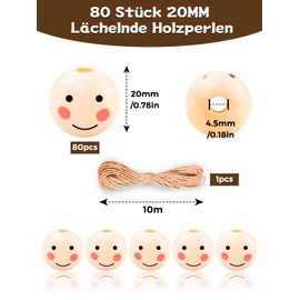 Furuising Pack of 80 Wooden Beads with Face 20 mm, Round Wooden Balls with Face, Wooden Balls with Hole Natural Wood Beads with 10 m Jute Cord for Worry Worms DIY Jewellery Bracelet