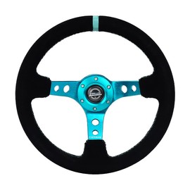 NRG Innovations NRG-RST-006S-TL Reinforced Steering Wheel - 350MM Sport Steering Wheel (3" Deep) - Black Suede Teal Center Mark with Teal Stitching and Teal Center spoke