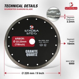 Stadea SBD107C Diamond Saw Blade 9-Inch Continuous Turbo Dry Cutting - Cuts Granite Quartz Quartzite, Fits Grinder, Saw Cutter, 10 MM Segments - Pack of 1