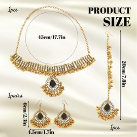 4 Pcs Indian Jewellery Set, Indian Jewellery, – Black Pearl Tassel Pendant Necklace Earrings & Head Chain for Wedding and Festive Occasions