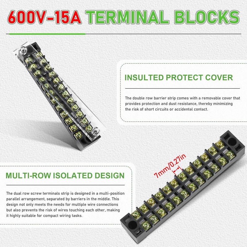 4sets 12 Position Electrical Terminal Block Strips，Dual Row Screw Terminals