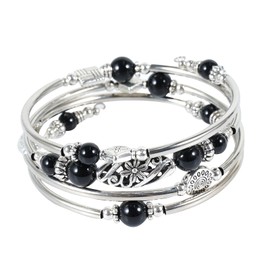 Soulnioi Crystal Beaded Silver Bangle Wrap Bracelet Multilayered Bohemian Bracelets with Natural Stones, Jewellery Gifts for Women/Girls (Obsidian)