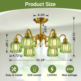 SZXYKEJI Gold Sputnik Chandelier Vintage Green Glass Pendant Lighting 6-Light Semi-Flush Ceiling Light Fixture Chandelier for Dining Room Kitchen Living Room Bedroom