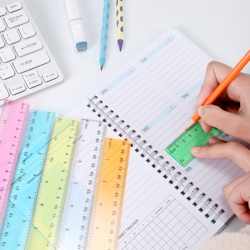 7 Pieces Ruler, 30 cm Ruler, Coloured Plastic Ruler, Transparent