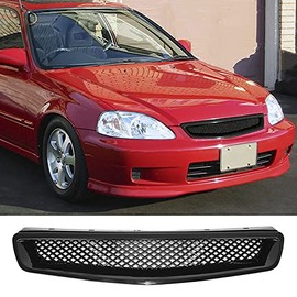Grille Compatible With 1999-2000 Honda Civic, T-R Style ABS Plastic Black Front Bumper Grill Hood Mesh by IKON MOTORSPORTS
