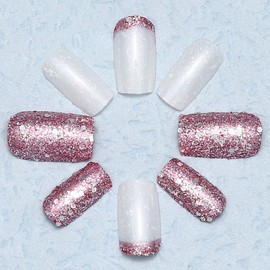 Handcess Square False Nails Medium White Pink Press on Nails Glitter Fake Nails Stick on Nail for Women and Girls 24Pcs