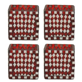 Glass Votive Holders Mosaic Mirror and Red Glass Diamond Shaped Tiles Cube Shape Set of 4