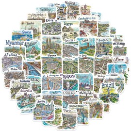 50 Pcs Hand-Drawn & Vintage World Travel Stickers, Famous Tourist Attractions & Landmarks Decal for Laptops, Skateboards, Suitcases, Phones, Fun Travel Map Stickers for Teens & Travel Enthusiasts
