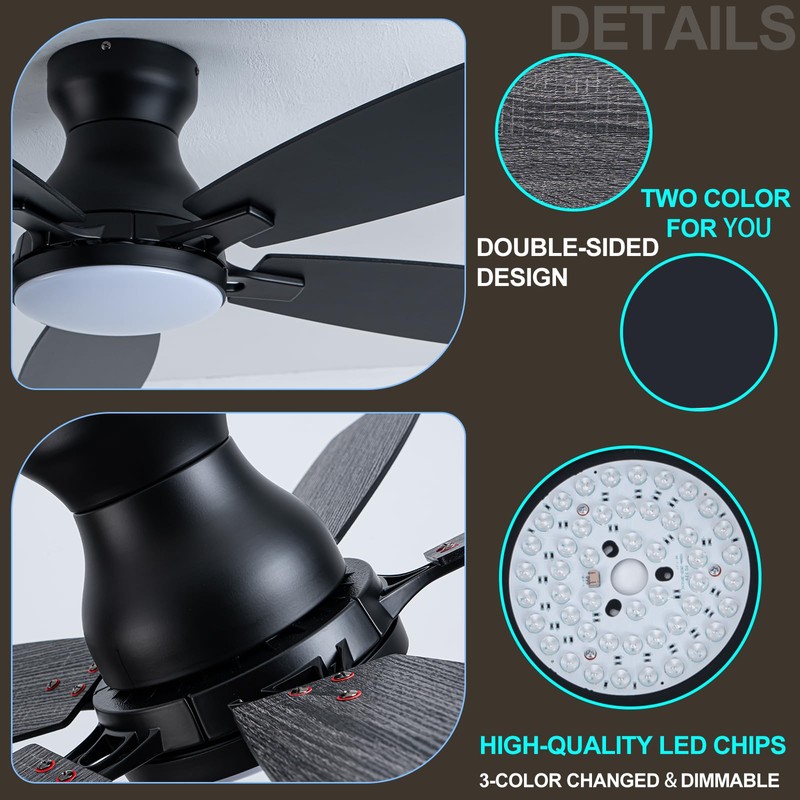 52in Black Ceiling Fan with Light, Flush Mount, Remote APP