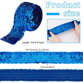 FINGERINSPIRE 5.5 Yards Blue Sequin Trim 2.9 inch Wide Elastic Sequin Ribbon 8 Rows Paillette Roll Glitter Stretch Ribbon Flat Sequin Strip Spangle Lace DIY Sewing Craft Supplies Ornament Accessories