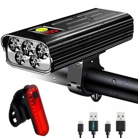 Luces de Bicicleta de 9600 Lúmenes para Conducción Nocturna, Faro Delantero y luz Trasera con 3 Modos de luz, Luces Impermeables para Bicicleta para Montar de Noche,Recargable por USB, Tipo C