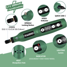 YooiDO Mini Cordless Rotary Tool, 2000 mAh Battery Pack, 3.7V Power Rotary Tool for Sanding, 5-Speed Rotary Tool Kit with 54 Accessories, Type-C Charging Power Rotary Tool (Army green)