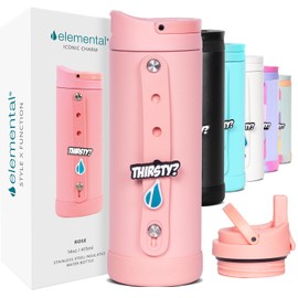 Elemental Iconic Kids Water Bottle with Straw Lid & Charms Strap, Leak-Proof When Closed, Triple Insulated Stainless Steel Reusable Water Bottle - 20oz, Rose