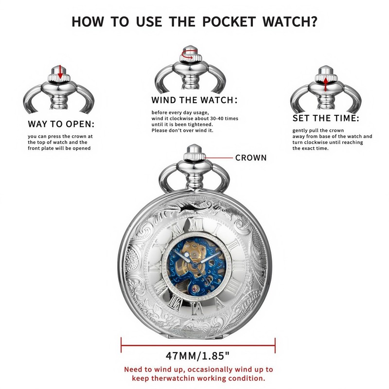 Kchss Mechanical Roman Numerals Dial Skeleton Pocket Watches with Luxury