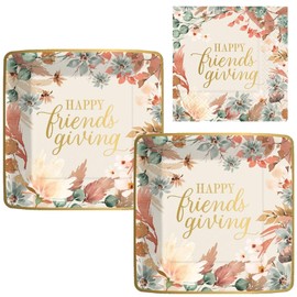 Boho Autumn Friendsgiving Party Supplies | Bundle Includes Paper Dessert Plates & Beverage Napkins for 16 People
