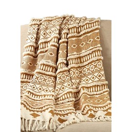 Fennco Styles Sevan Collection Bohemian Tribal Print Tufted Tassel 100% Cotton 50 x 60 Inch – Saffron Throw Blanket for Couch, Bedroom and Living Room Décor