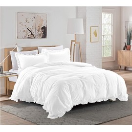 La Calypso Bedding 100% Cotton 600 Thread Count 5 Piece Frilled Duvet Set, 1 Piece Edge Ruffle Frilled Duvet Cover with Zipper Closure & Corner Ties and 4 Pillow Cover (Twin/Twin XL Size, White)