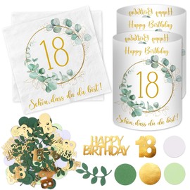 Pack of 20 Napkins 18th Birthday + 12 Pieces Lantern Table Decoration 18th Birthday + 100 Pieces Confetti 18th Birthday Decoration Green Decoration 18th Birthday Girl Boy Eucalyptus Table Decoration