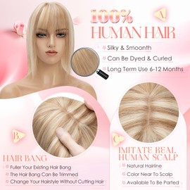 Elailite Women's Real Hair Topper, 25 cm, Toupee with Fringe, Clip-In Hairpiece (Base 7 x 13 cm), #12P613 Golden Brown Mix Bleach Blonde