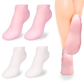 Dexspoeny 2 Pairs Silicone Socks,Latex Gel Socks,Women Foot Spa Pedicure Silicone Socks,Silicone Moisturizing Sock for Dry Cracked Feet Women-Pink & White (Small)