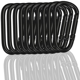 Pack of 10 Carabiners, Black, Aluminium Carabiner Hooks, Large, 7.5 x 4 cm, Robust Hooks for Camping, Fishing, Hiking, Up to 5 kg Load Capacity