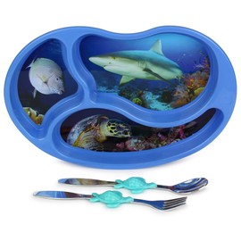 KidsFunwares Blue Ocean Me Time Meal Set, Portion Control Divided Plate with Fork and Spoon for Kids