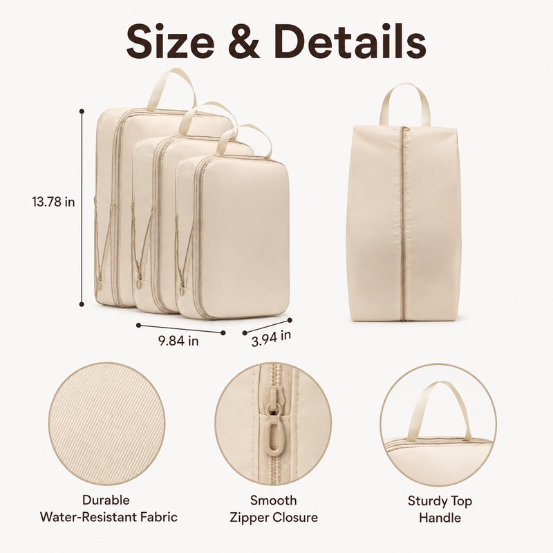 Compression Packing Cubes for Travel - 4-Piece Waterproof Luggage Organizer