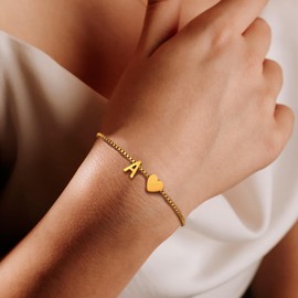 AXIMOUS Heart Initial Bracelet for Women Waterproof 14K Real Gold Plated Letter A-Z Bracelets Tiny Gold Initial Bracelets Cute Heart Bracelet Gifts for Women Jewelry, 6.7 inches, Stainless Steel, no
