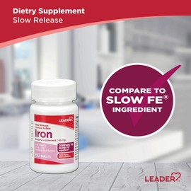 Leader Slow Release Ferrous Sulfate Iron Supplement Tablets 45 mg 60 Count